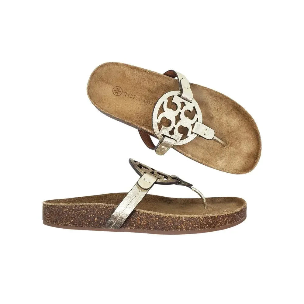 Tory Burch Miller Cloud Metallic Leather Thong Sandals Spark Gold Size 6.5 M